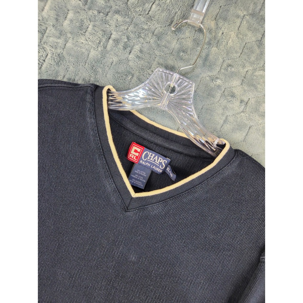 Chaps Ralph Lauren Mens XL Navy Blue V-Neck Ribbed Cotton Striped Sleeve Sweater